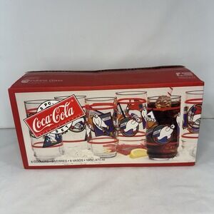 Coca-Cola 8 Pc‎ Beverage Set Polar Bears Skating Indiana Glass 1995 Vintage